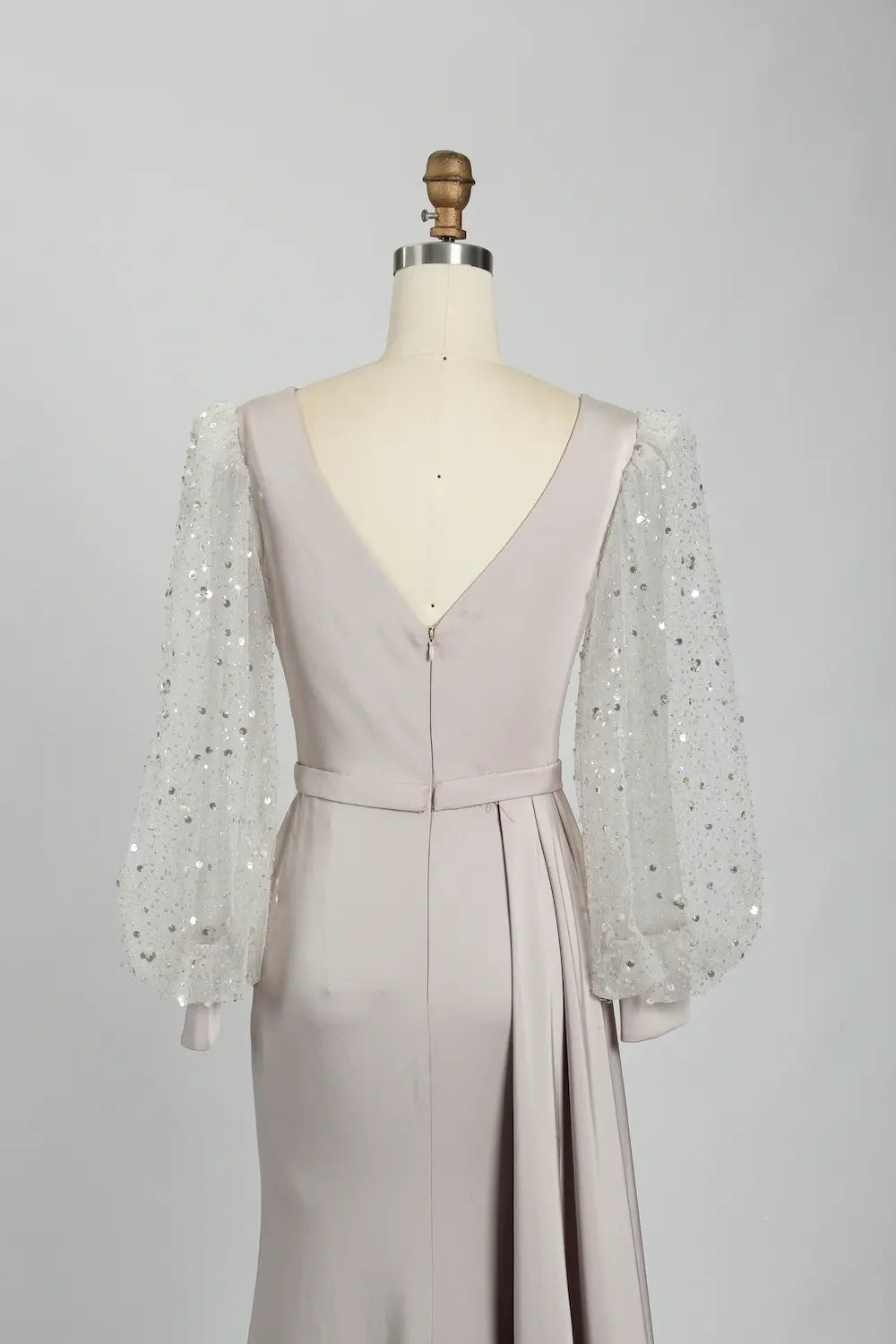 V-Neck Satin Mother of the Bride Dress with Sequin Long Sleeves KS031