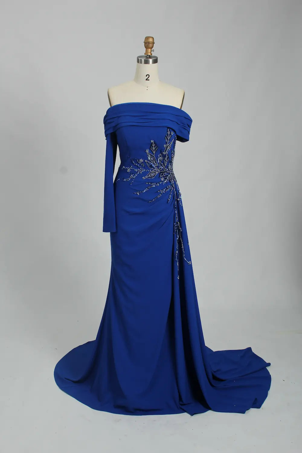 Off the Shoulder Beaded Satin Fit and Flare Mother of the Bride Dress KS032