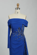Off the Shoulder Beaded Satin Fit and Flare Mother of the Bride Dress KS032