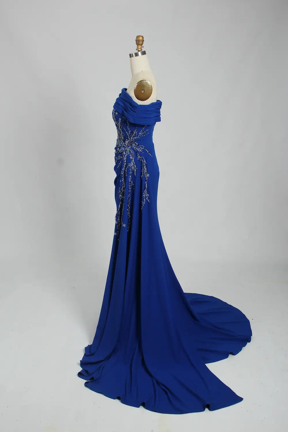 Off the Shoulder Beaded Satin Fit and Flare Mother of the Bride Dress KS032