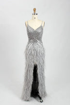 Sparkly V-Neck Sequin Sheath Feather Trim Slit Evening Dress MC067