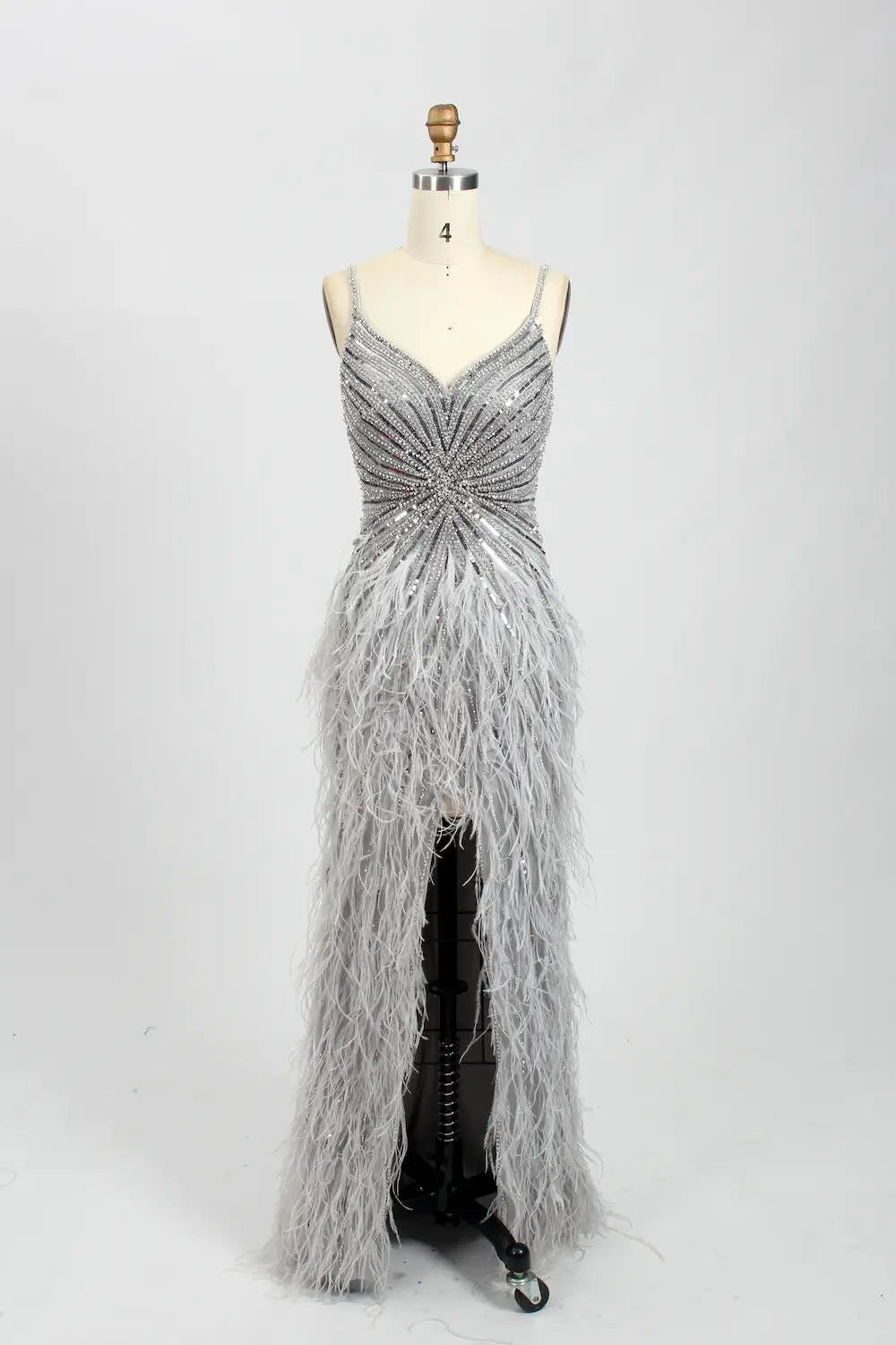 Sparkly V-Neck Sequin Sheath Feather Trim Slit Evening Dress MC067