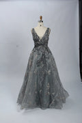 Luxury Beaded Deep V-Neck A-Line Evening Dress MK071