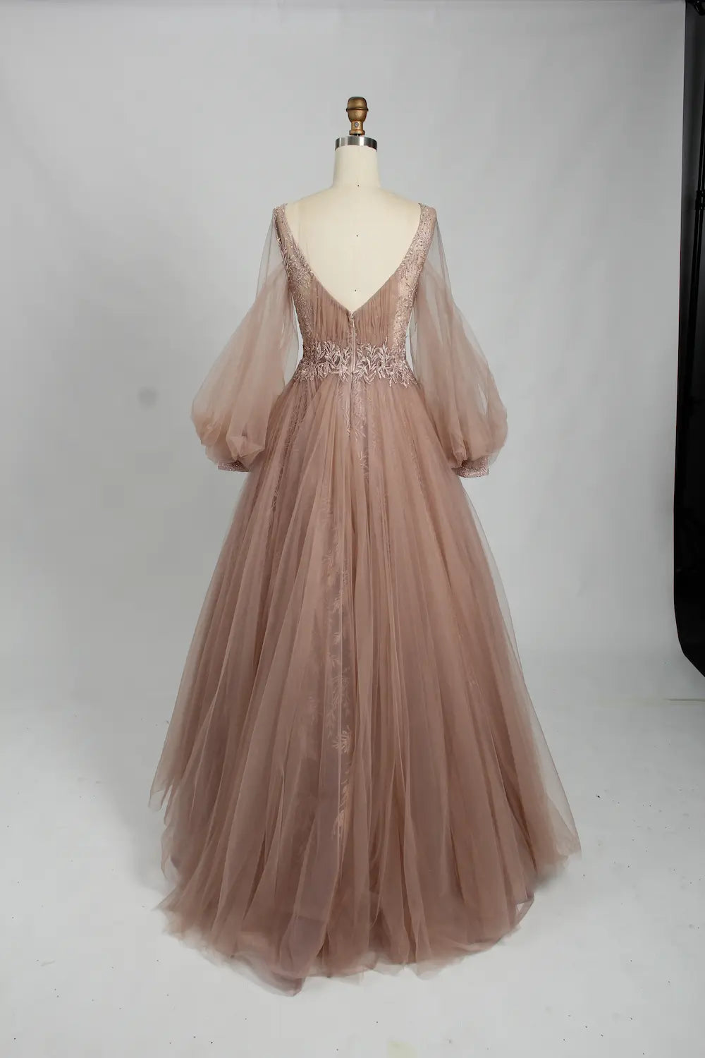 V-Neck Long Sleeve Tulle Mother of the Bride Dress KS033
