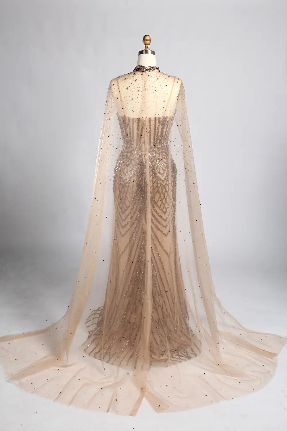 Champagne Nude Beaded V-Neck MOB Dress with High Collar Cape Sleeves KY057