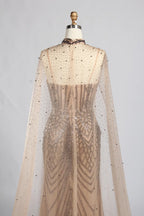 Champagne Nude Beaded V-Neck MOB Dress with High Collar Cape Sleeves KY057