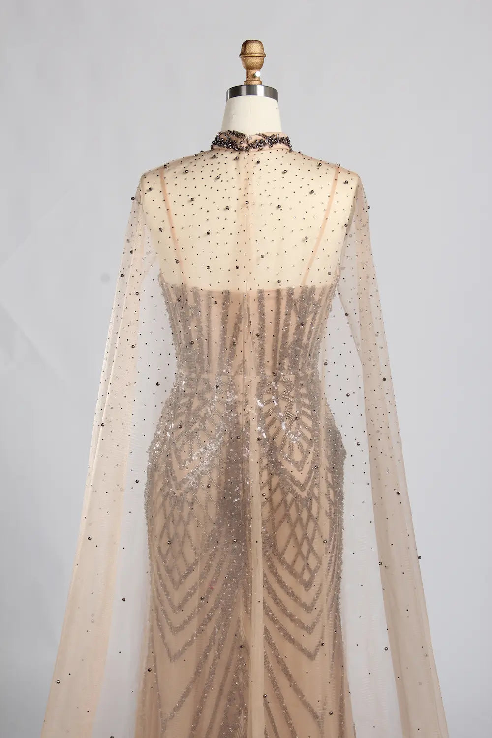 Champagne Nude Beaded V-Neck MOB Dress with High Collar Cape Sleeves KY057