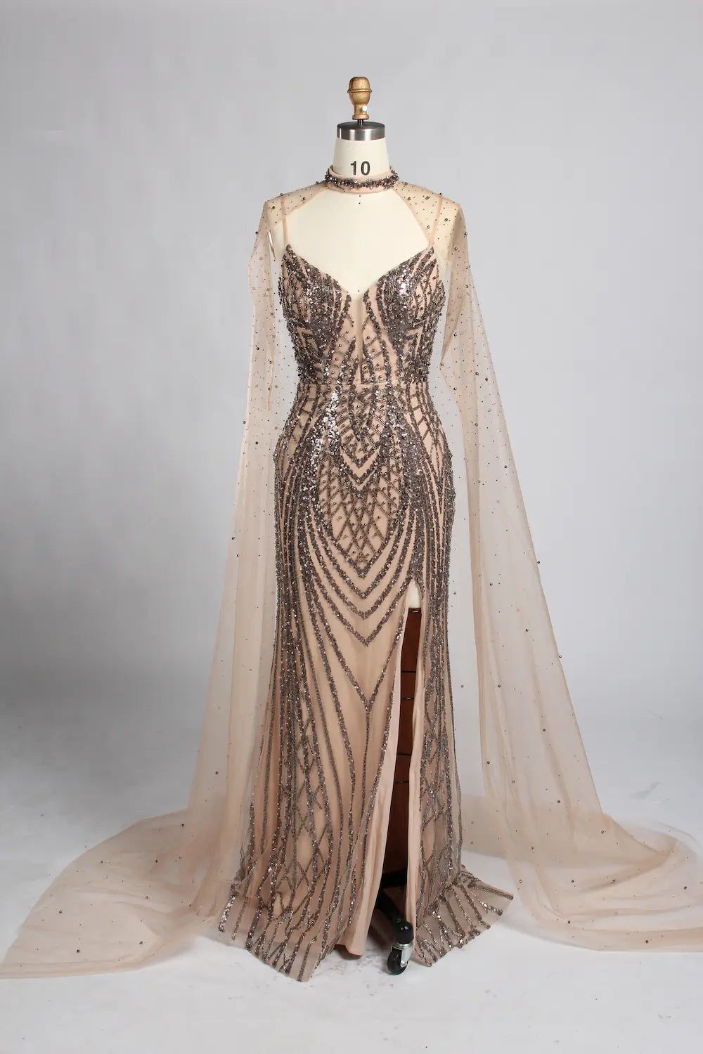 Champagne Nude Beaded V-Neck MOB Dress with High Collar Cape Sleeves KY057