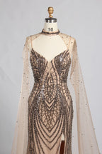 Champagne Nude Beaded V-Neck MOB Dress with High Collar Cape Sleeves KY057