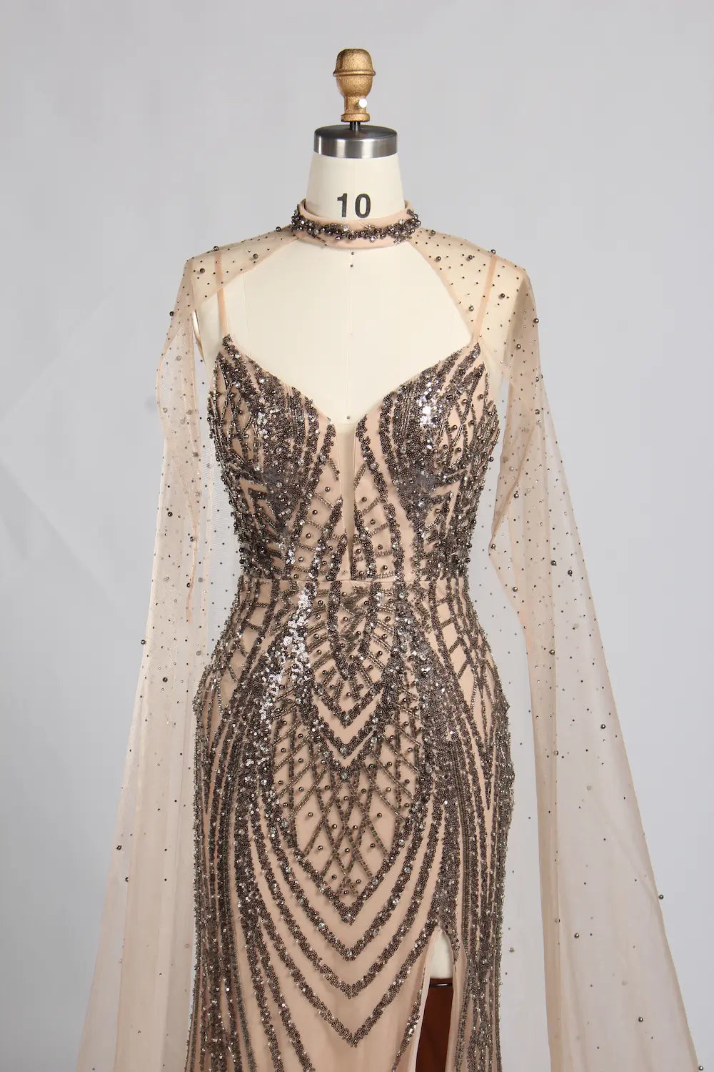 Champagne Nude Beaded V-Neck MOB Dress with High Collar Cape Sleeves KY057