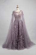 Beaded Floral A-Line Mother of the Bride Dress with Cape Sleeves MK149