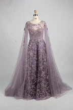 Beaded Floral A-Line Mother of the Bride Dress with Cape Sleeves MK149