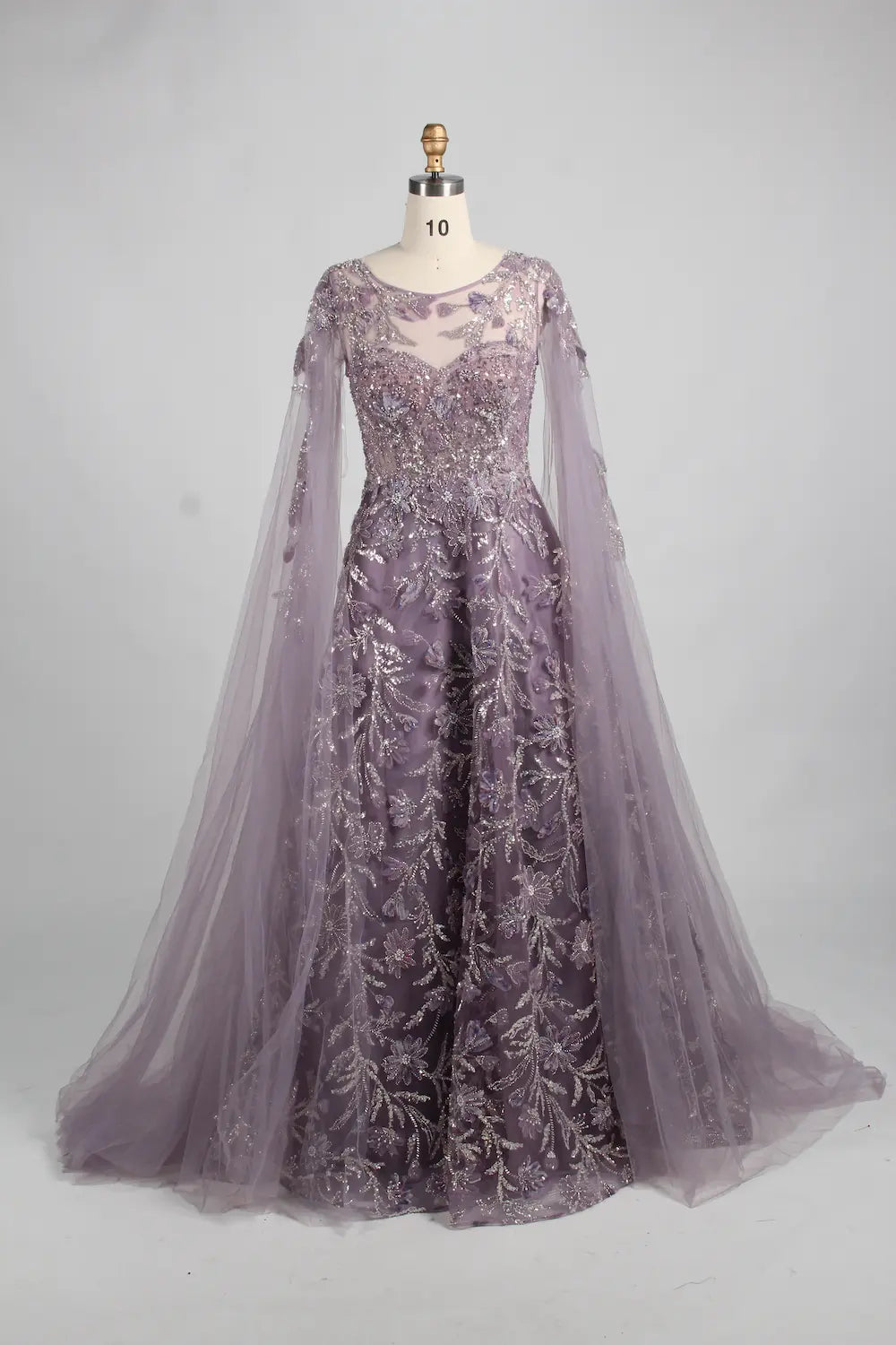 Beaded Floral A-Line Mother of the Bride Dress with Cape Sleeves MK149