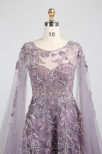 Beaded Floral A-Line Mother of the Bride Dress with Cape Sleeves MK149
