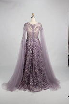 Beaded Floral A-Line Mother of the Bride Dress with Cape Sleeves MK149