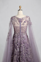 Beaded Floral A-Line Mother of the Bride Dress with Cape Sleeves MK149