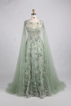 Beaded Floral A-Line Mother of the Bride Dress with Cape Sleeves MK149