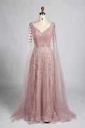 Sky Blue Beaded V-Neck Long Sheer Cape Sleeves Mother of the Bride Dress KY061