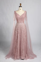 Sky Blue Beaded V-Neck Long Sheer Cape Sleeves Mother of the Bride Dress KY061