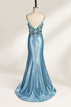 A mannequin showcases a lavender - purple satin gown. It has thin straps, a V - neck, floral - beaded bodice, and a high side slit. The elegant design, blending satin and intricate beadwork, suits formal events like galas or proms, radiating charm.2