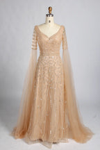 Sky Blue Beaded V-Neck Long Sheer Cape Sleeves Mother of the Bride Dress KY061