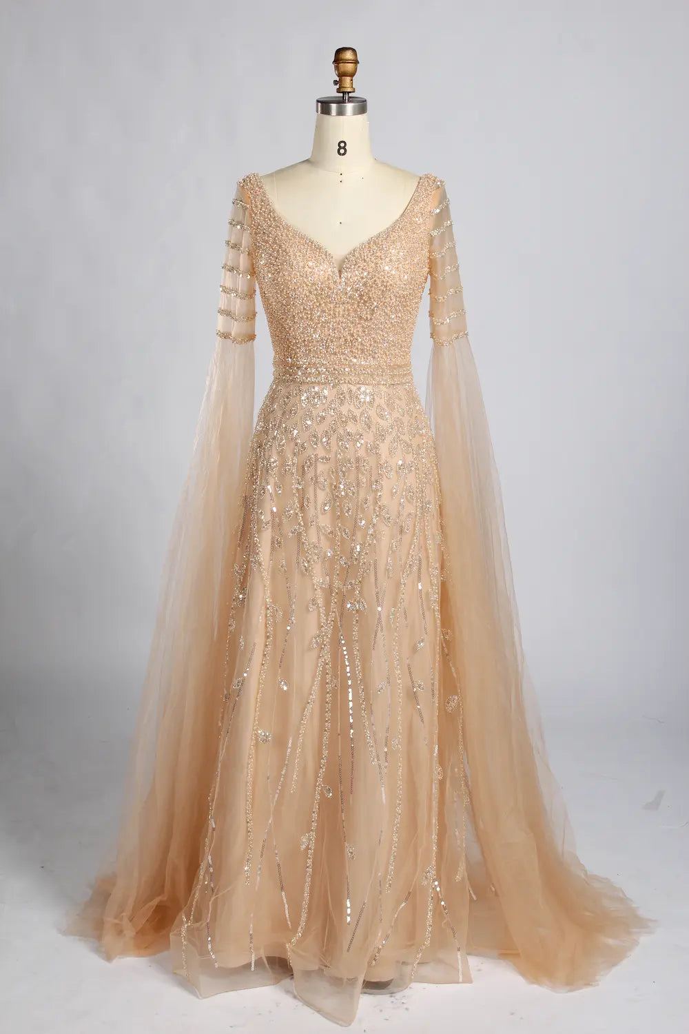 Sky Blue Beaded V-Neck Long Sheer Cape Sleeves Mother of the Bride Dress KY061