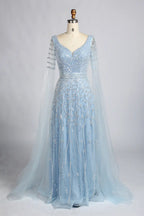 Sky Blue Beaded V-Neck Long Sheer Cape Sleeves Mother of the Bride Dress KY061