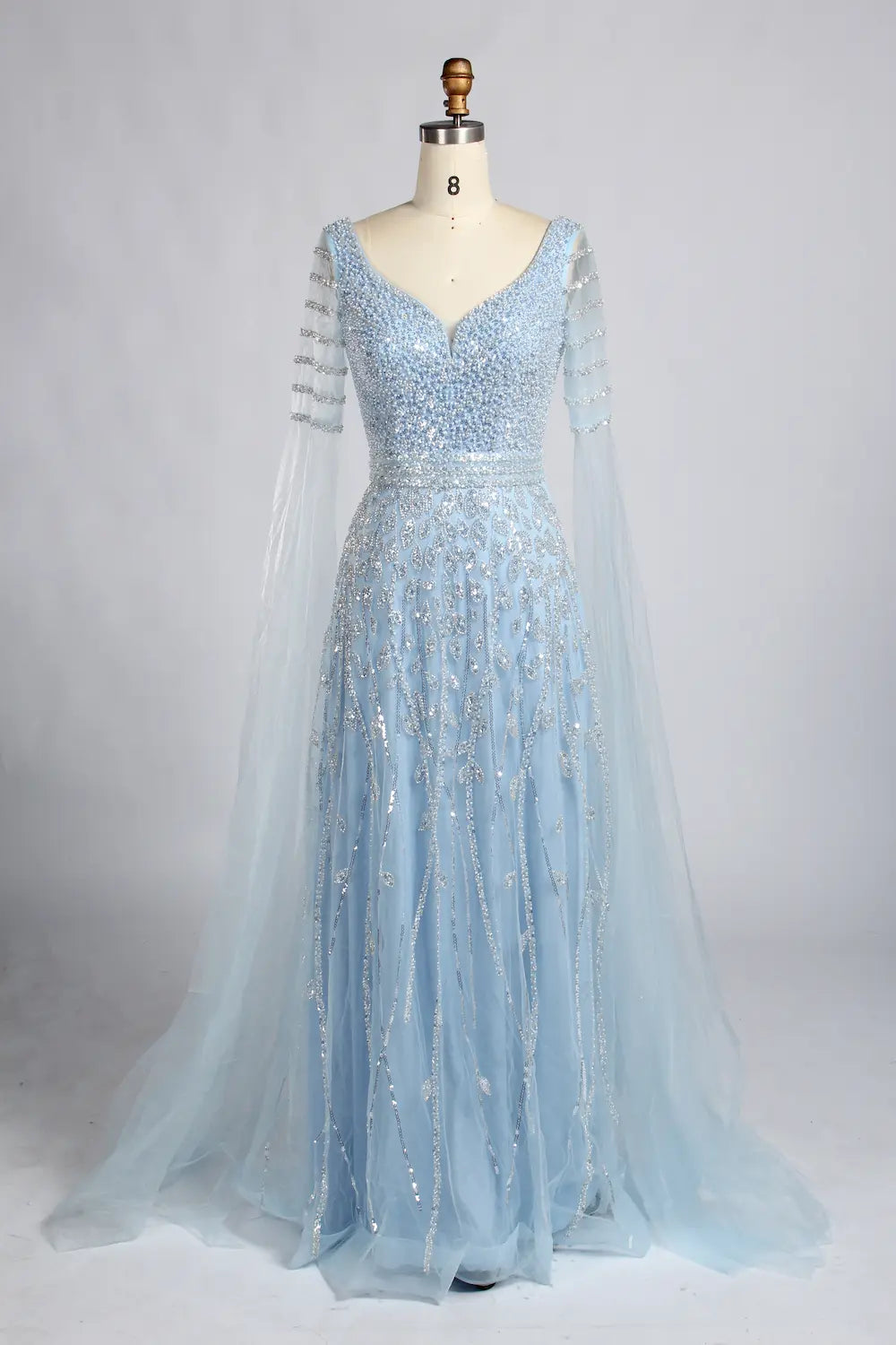 Sky Blue Beaded V-Neck Long Sheer Cape Sleeves Mother of the Bride Dress KY061