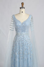 Sky Blue Beaded V-Neck Long Sheer Cape Sleeves Mother of the Bride Dress KY061