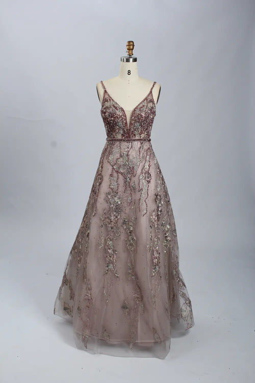 Dusty rose beaded A-line evening dress, V-neck, lace-like tulle skirt