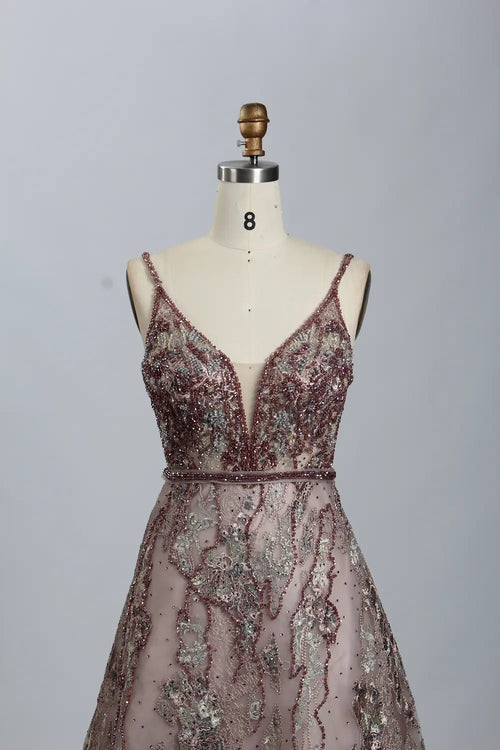Rose beaded A-line evening dress, V-neck bodice with glittering straps