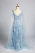 Sky Blue Beaded V-Neck Long Sheer Cape Sleeves Mother of the Bride Dress KY061