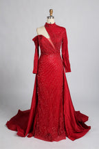 Asymmetrical High Neck Black Mother of the Bride Dress with Sleeves KY067