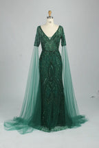 Embellished mermaid evening dress with V-neck and cape sleeves, dark green sequins