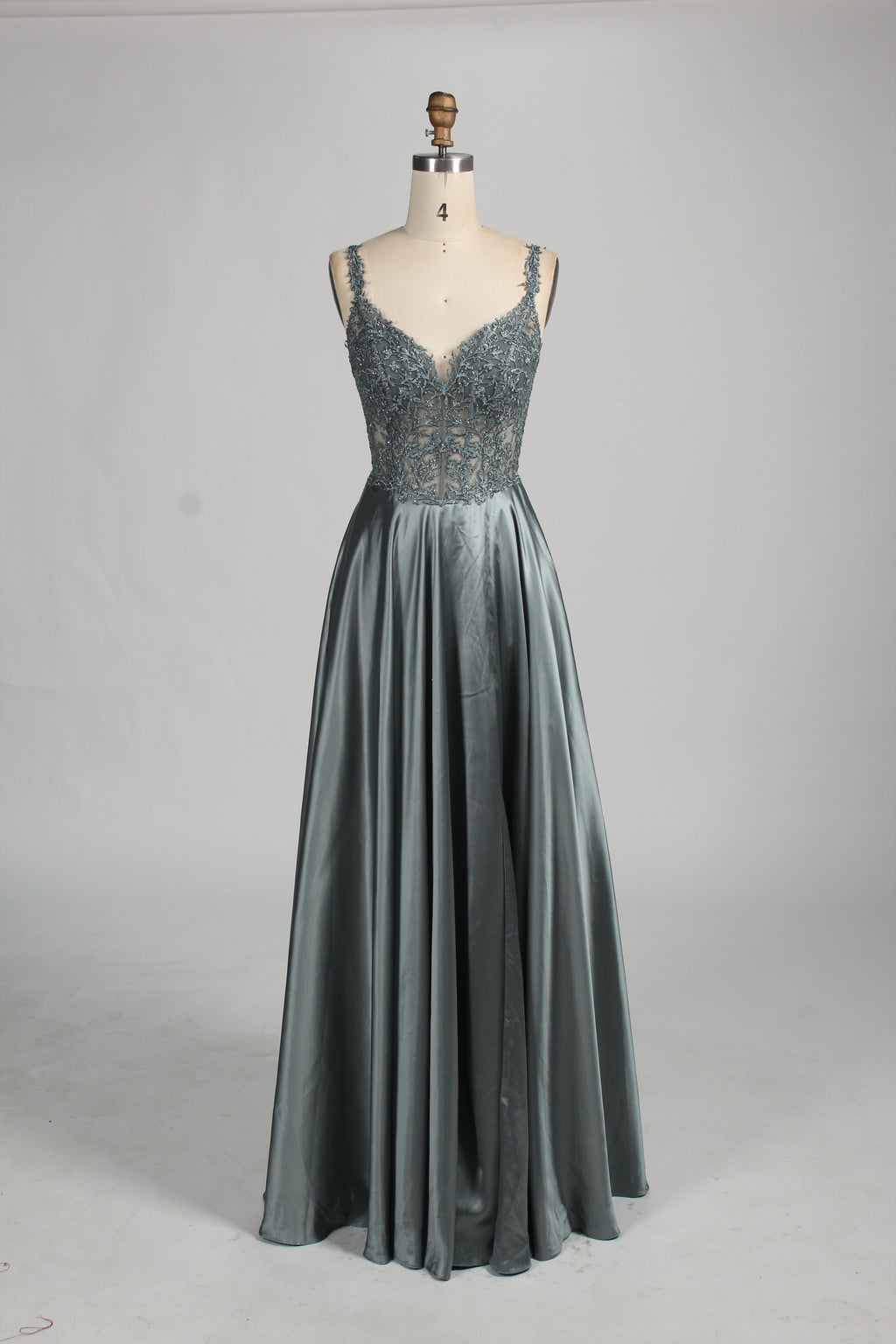 Wholesale Sage Green Lace Prom Dress with Satin Skirt and Slit 32896