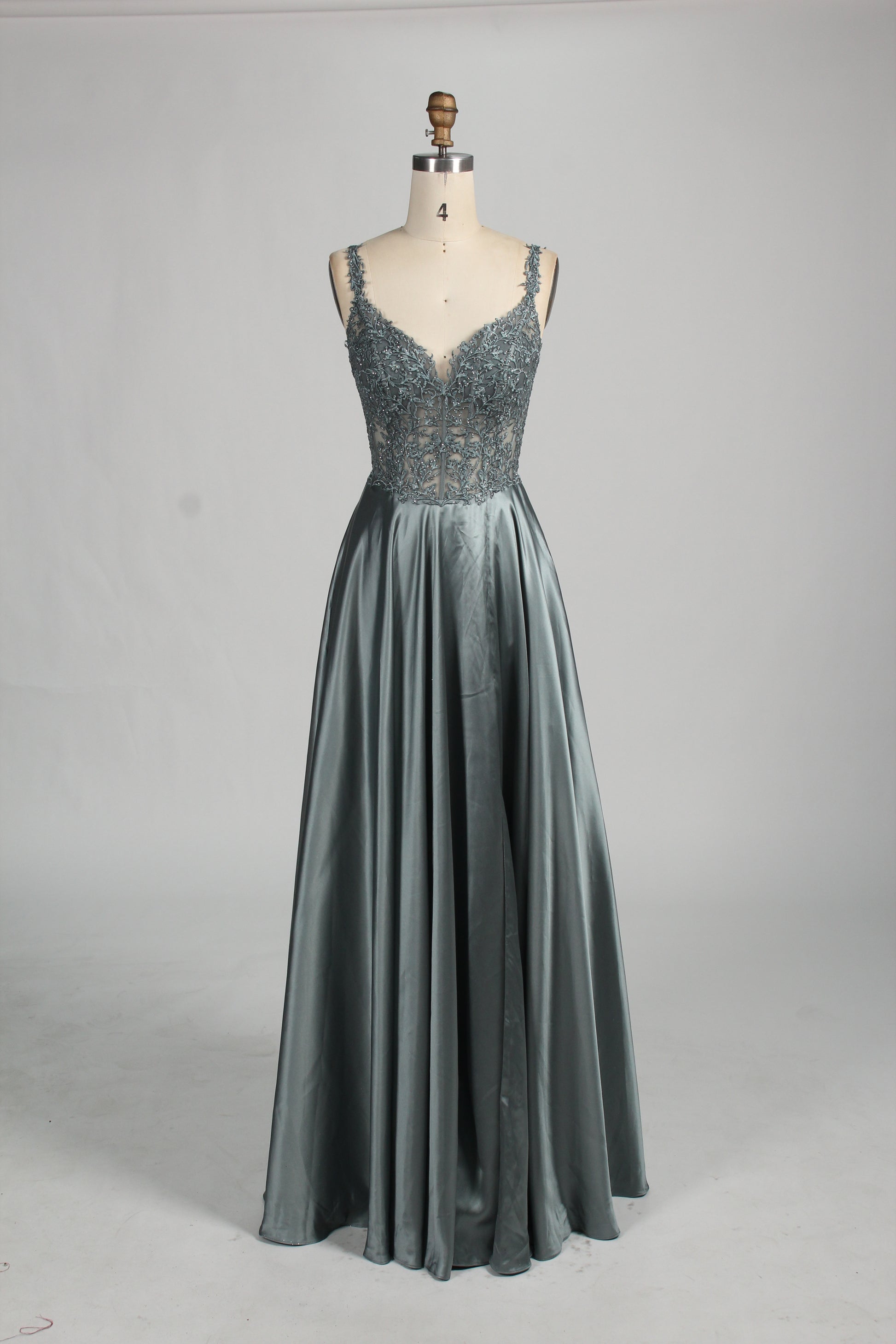 Wholesale Sage Green Lace Prom Dress with Satin Skirt and Slit 32896