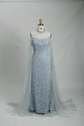 Light Blue Beaded Mother of the Bride Dress with Sheer Cape MC108