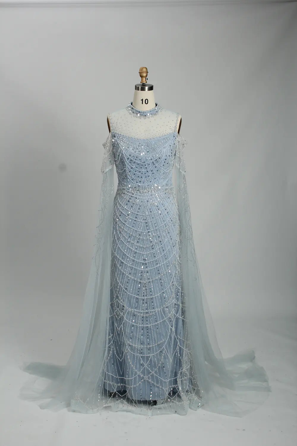 Light Blue Beaded Mother of the Bride Dress with Sheer Cape MC108