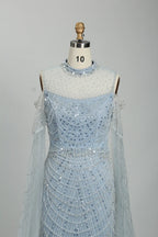 Light Blue Beaded Mother of the Bride Dress with Sheer Cape MC108
