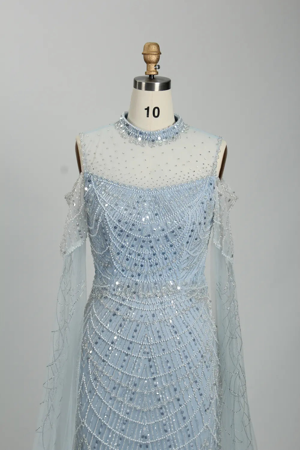 Light Blue Beaded Mother of the Bride Dress with Sheer Cape MC108