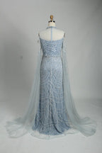 Light Blue Beaded Mother of the Bride Dress with Sheer Cape MC108