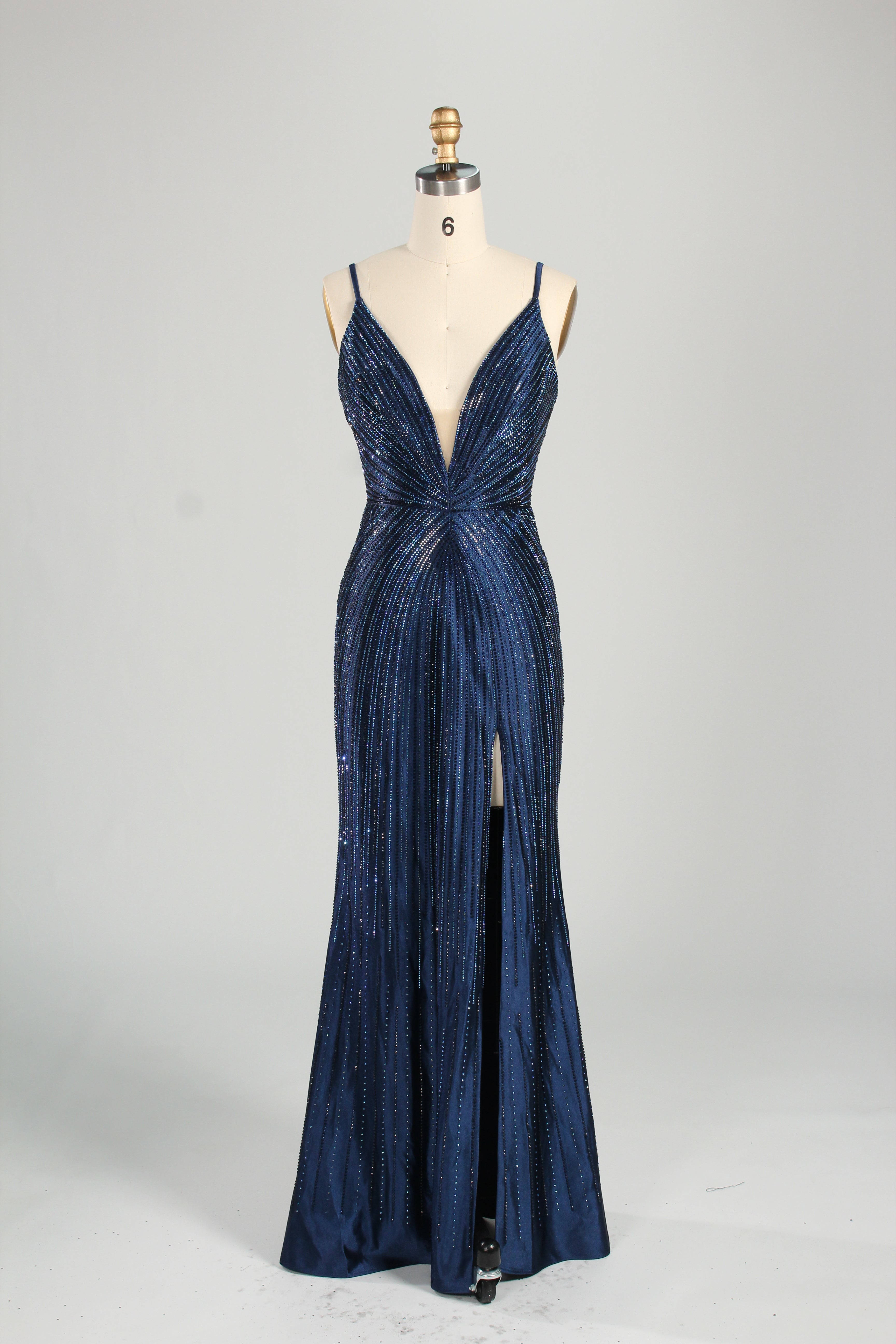 Wholesale Champagne Beaded Plunge Mermaid Prom Dress 33233