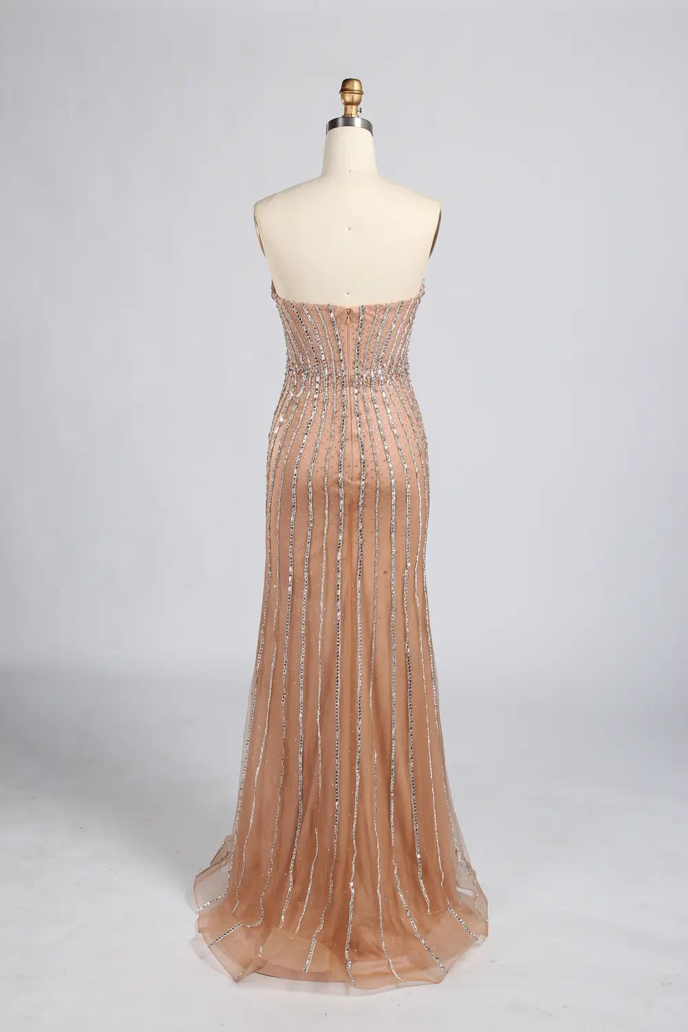 Strapless Beaded Evening Dress with Floral Tulle Sleeves KY063