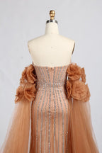 Strapless Beaded Evening Dress with Floral Tulle Sleeves KY063