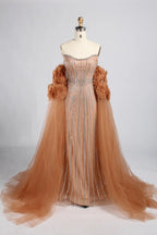 Strapless Beaded Evening Dress with Floral Tulle Sleeves KY063