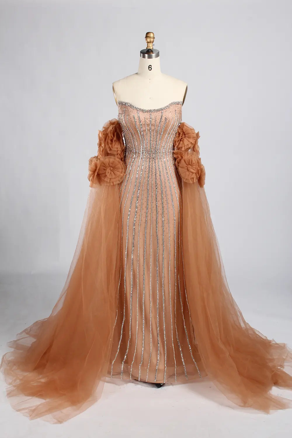 Strapless Beaded Evening Dress with Floral Tulle Sleeves KY063