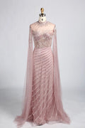 Champagne Gold High Neck Beaded Cape Sleeves Sheath MOB Dress KY060