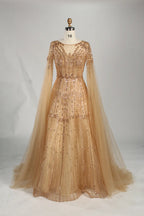 Beaded A-Line Mother of the Bride Dress with Long Cape Sleeves MK145