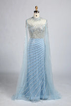 Champagne Gold High Neck Beaded Cape Sleeves Sheath MOB Dress KY060