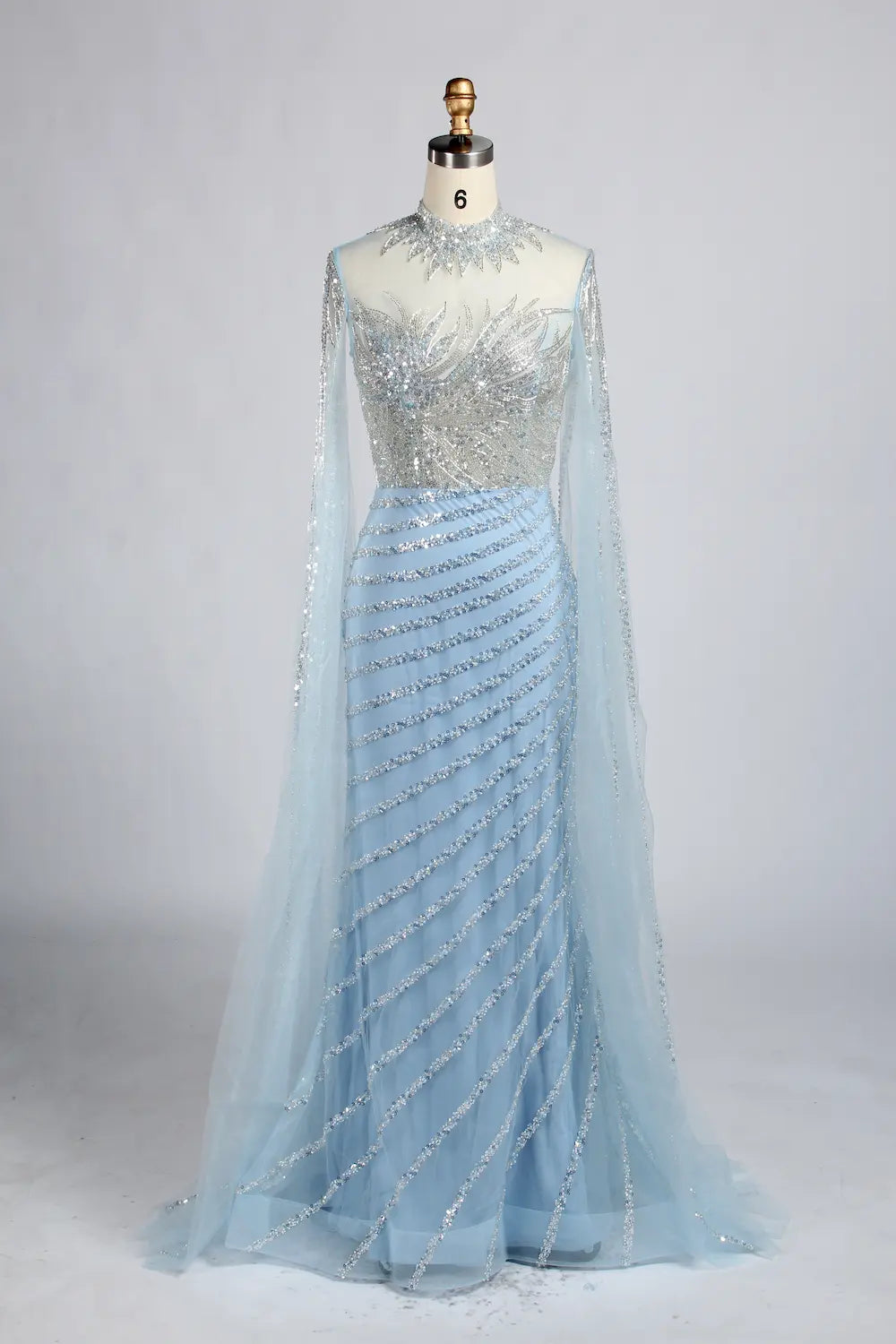 Champagne Gold High Neck Beaded Cape Sleeves Sheath MOB Dress KY060